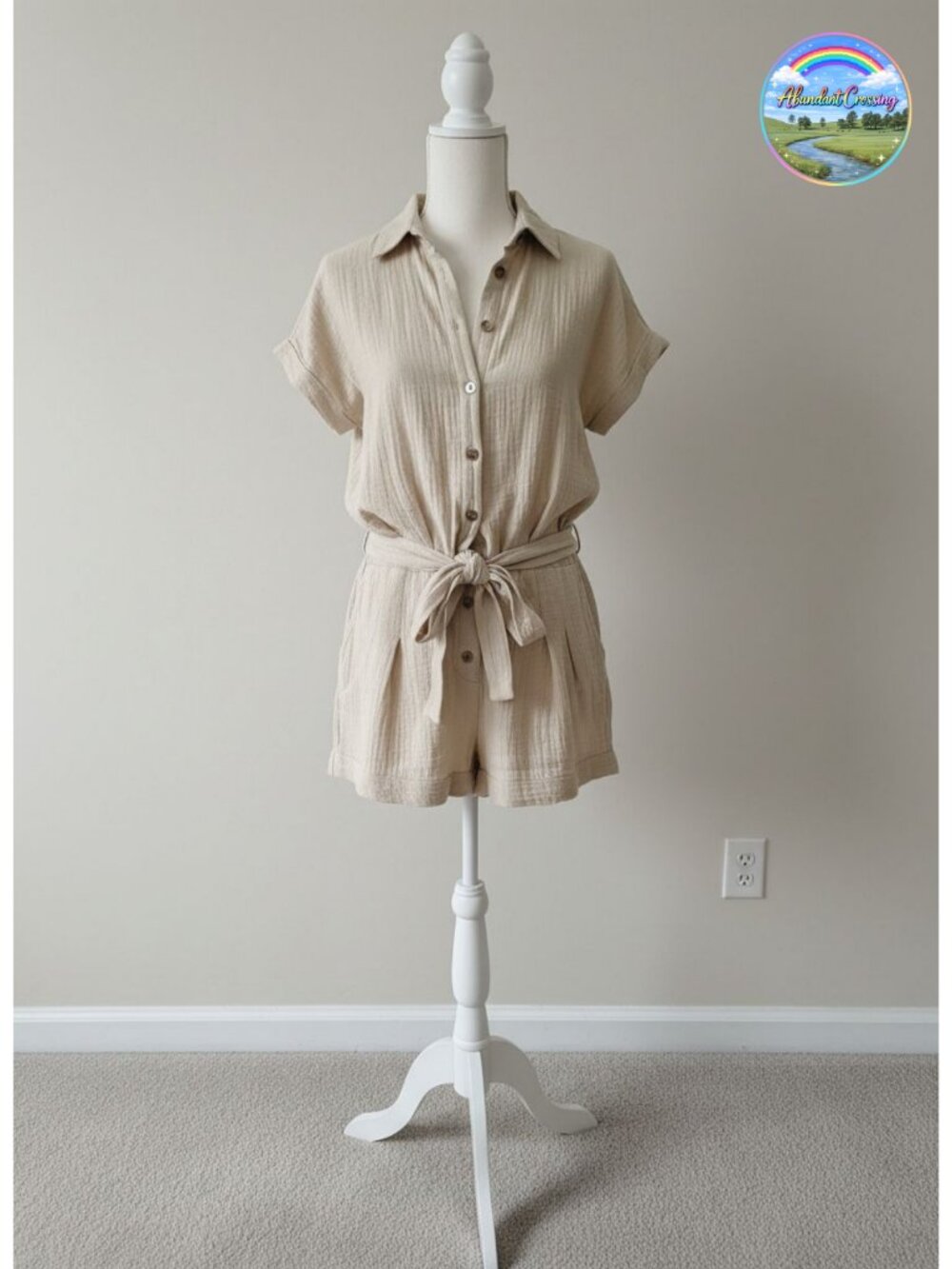 100% Cotton Button Down Romper with Pockets Belted Elastic Waist